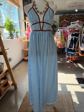 Striped Blue Halter Maxi Dress with Brown Trim